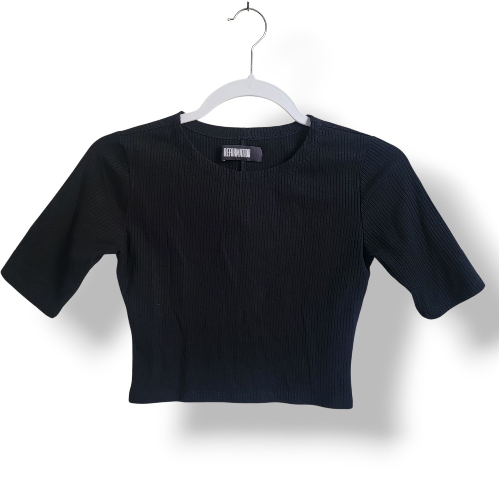 Reformation Black Ribbed‎ Knit Cropped Tee Shirt Short Sleeve Size Small